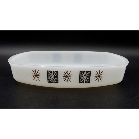 Federal Glass Baking Dish 11 Inch Atomic Starburst Milk Glass Gold Black - Picture 1 of 9